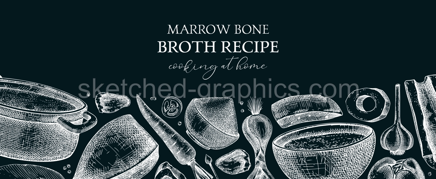 Healthy food background. Marrow bone broth banner on chalkboard. Hot soup served on plates, pans, bowls, organ meat, vegetables, marrow bones sketches. Hand-drawn vector illustrations Illustration